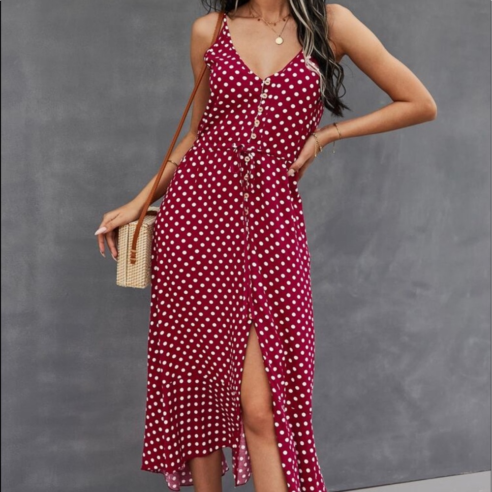 Boho Button Up V Neck Tie Polka Dot Dress BURGUNDY - Picture 6 of 10